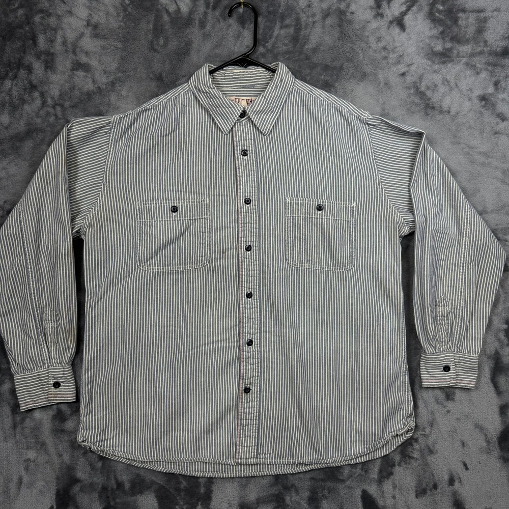 Big Mac WorkWear Button Down Shirt Mens XL Blue White Hickory Stripe Long Sleeve